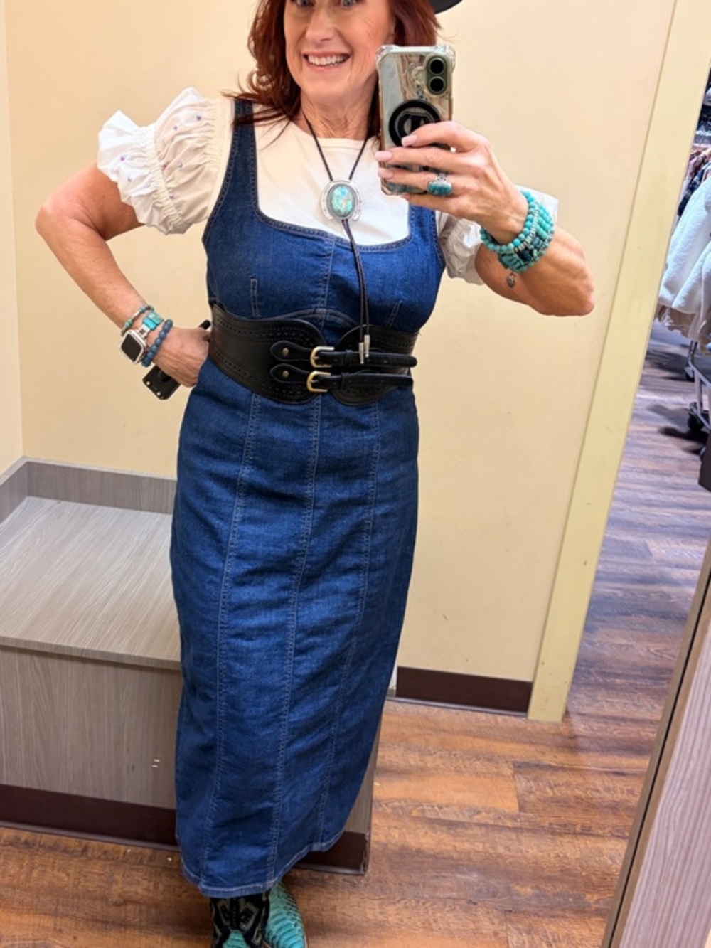 Classic Dark Blue Denim Jumper Maxi Dress for Women  - Size Large